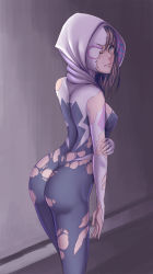 Rule 34 | 1girl, animification, arm grab, ass, blonde hair, blue eyes, bodysuit, breasts, butt crack, crying, from behind, gloves, gtgt nishiteyaru, gwen stacy, highres, holding own arm, hood, hooded bodysuit, long hair, looking at viewer, marvel, mask, one eye closed, sad, sideboob, skin tight, small breasts, solo, spider-girl, spider-gwen, spider-man (series), tears, torn clothes, wince
