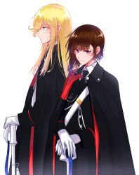 Rule 34 | 10s, 2girls, absurdres, aiguillette, black cape, black jacket, black neckwear, blonde hair, blue eyes, brown hair, buckle, cape, closed mouth, connie christensen, gloves, hair between eyes, hanebado!, highres, holding, jacket, long hair, long sleeves, looking at viewer, looking to the side, military, military uniform, multiple girls, necktie, purple eyes, shiwahime yuika, short hair, simple background, smile, spotlight (artist), standing, uniform, white background, white gloves