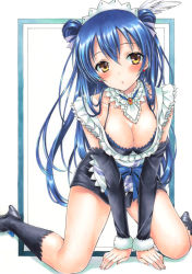 Rule 34 | 10s, 1girl, apron, arm warmers, between legs, blue hair, blush, boots, breasts, brown eyes, cleavage, detached collar, double bun, ear piercing, feather hair ornament, feathers, fur trim, feather hair ornament, hand between legs, knee boots, kneeling, long hair, looking at viewer, love live!, love live! school idol project, maid, maid apron, maid headdress, medium breasts, mogyutto &quot;love&quot; de sekkin chuu!, piercing, ren (endscape20), solo, sonoda umi, traditional media