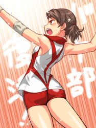 Rule 34 | 10s, 1girl, text background, brown eyes, brown hair, commentary request, cowboy shot, elbow pads, emphasis lines, from behind, girls und panzer, jumping, kawanishi shinobu, oosaka kanagawa, open mouth, red shirt, red shorts, shirt, short hair, short ponytail, short shorts, shorts, sleeveless, sleeveless shirt, solo, sportswear, volleyball uniform