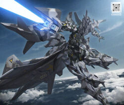Rule 34 | 1girl, ace combat, adf-01 falken, blue sky, cloud, directed-energy weapon, energy, energy beam, energy cannon, energy weapon, firing, flying, glaze artifacts, gun, holding, holding gun, holding weapon, laser cannon, laser weapon, looking at viewer, mask, mecha musume, personification, qr code, sky, tactical laser system, tom-neko (zamudo akiyuki), twitter username, weapon