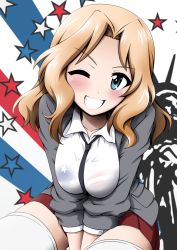 Rule 34 | 10s, 1girl, ;d, american flag, american flag print, between breasts, between legs, blonde hair, blue eyes, blush, bra, bra visible through clothes, breasts, flag print, girls und panzer, hand between legs, highres, kay (girls und panzer), necktie, necktie between breasts, nekota susumu, one eye closed, open mouth, print bra, see-through, shirt, skirt, smile, solo, statue of liberty, striped, teeth, thighhighs, thighs, underwear, wet, wet clothes, wet shirt, white thighhighs