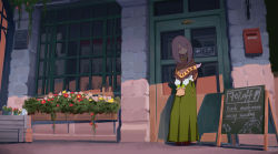 Rule 34 | 10s, 1girl, bag, building, capelet, chalkboard sign, colored skin, dress, english text, female focus, hair ornament, hair over one eye, hairclip, highres, little witch academia, long hair, mailbox, outdoors, paper bag, plant, potted plant, purple hair, purple skin, red eyes, shop, sign, skirt, solo, standing, storefront, sucy manbavaran, waterkuma