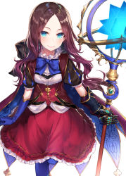 Rule 34 | 1girl, blue eyes, blue gloves, blue pantyhose, blush, breasts, brown hair, closed mouth, commentary request, elbow gloves, fate/grand order, fate (series), forehead, frilled skirt, frills, gauntlets, gloves, glowing, hakuishi aoi, holding, holding staff, leonardo da vinci (fate), leonardo da vinci (fate/grand order), leonardo da vinci (rider) (fate), long hair, pantyhose, parted bangs, puff and slash sleeves, puffy short sleeves, puffy sleeves, red skirt, short sleeves, simple background, single gauntlet, single glove, skirt, small breasts, smile, solo, staff, standing, standing on one leg, white background