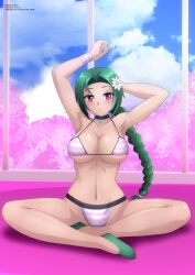 Rule 34 | 1girl, absurdres, arms up, bikini, blush, braid, breasts, cherry blossoms, choker, cleavage, cloud, collarbone, flower, green footwear, green hair, hair flower, hair ornament, highres, large breasts, long hair, looking at viewer, navel, original, red eyes, shirt, shoes, sitting, sky, smile, striped bikini, striped clothes, swimsuit, tree, white bikini, window, wristband, zel-sama