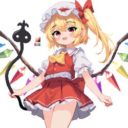 Rule 34 | 1girl, 999 (hansode), ascot, blonde hair, blush, color guide, cowboy shot, crystal, flandre scarlet, from below, hat, hat ribbon, holding, holding weapon, laevatein (touhou), looking at viewer, mob cap, multicolored wings, one side up, open mouth, pixel art, red eyes, red vest, ribbon, simple background, skirt, skirt set, smile, solo, touhou, vest, weapon, white background, white hat, wings, yellow ascot
