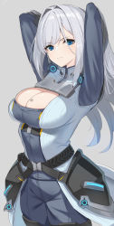 Rule 34 | 1girl, absurdres, arms behind head, arms up, belt, blue eyes, breast tattoo, breasts, cleavage cutout, clothing cutout, ethel (xenoblade), eyes visible through hair, frown, glowing, grey background, grey hair, hair intakes, highres, large breasts, looking at viewer, maza kisuke, pants, simple background, solo, tattoo, xenoblade chronicles (series), xenoblade chronicles 3