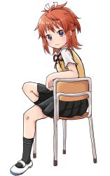 Rule 34 | 1girl, black skirt, black socks, blue eyes, blush, brown hair, chair, closed mouth, collared shirt, commentary request, full body, hair ribbon, high ponytail, highres, koshigaya natsumi, looking at viewer, looking to the side, neck ribbon, non non biyori, on chair, pleated skirt, ponytail, red ribbon, ribbon, school chair, shika (s1ka), shirt, shoes, short sleeves, simple background, sitting, skirt, smile, socks, solo, sweater vest, uwabaki, white background, white footwear, white ribbon, white shirt