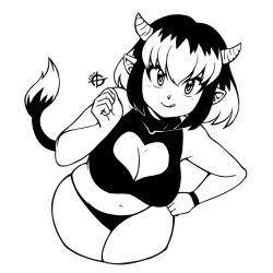 Rule 34 | 1girl, 2020, animal ears, blush, bracelet, breasts, cleavage, cleavage cutout, closed mouth, clothing cutout, cow ears, cow horns, cow tail, greyscale, hand on own hip, heart cutout, highres, horns, jewelry, large breasts, looking at viewer, medium breasts, monochrome, multicolored hair, navel, original, plump, pointy ears, short hair, smile, solo, tabaki (taggo), taggo, tail, thick thighs, thighs, tongue, tongue out
