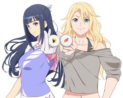 Rule 34 | 2girls, absurdres, amawashi aoi, ball, birdie wing: golf girls&#039; story, black hair, blonde hair, blue eyes, blunt bangs, eve (birdie wing: golf girls&#039; story), gloves, golf ball, highres, holding, holding ball, holding golf ball, looking at viewer, midriff, multiple girls, navel, purple eyes, sidelocks, simple background, smile, sosona, standing, white background