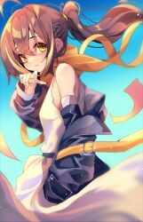 Rule 34 | 1girl, ahoge, alternate costume, belt, black jacket, braid, brown eyes, brown hair, fingernails, glowing, highres, hololive, hololive english, jacket, light particles, long hair, motion blur, multicolored hair, nanashi mumei, parted lips, ponytail, scarf, solo, streaked hair, the0neulost, tunic, very long hair, virtual youtuber, white tunic, yellow belt, yellow scarf