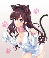 Rule 34 | 10s, 1girl, :3, :d, ahoge, animal ears, bare shoulders, black hairband, blue eyes, blush, breasts, brown hair, cat day, cat ears, cat tail, cleavage, clenched hand, collarbone, collared shirt, covered erect nipples, cowboy shot, downblouse, dress shirt, eyelashes, fake animal ears, fingernails, gradient background, hair between eyes, hairband, hands in opposite sleeves, highres, ichinose shiki, idolmaster, idolmaster cinderella girls, infinote, leaning forward, legs apart, lipstick, long hair, long sleeves, looking at viewer, makeup, medium breasts, naked shirt, no bra, off shoulder, open mouth, parted lips, paw pose, paw print, shiny skin, shirt, simple background, smile, solo, standing, tail, white background, white shirt