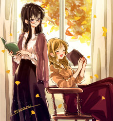 Rule 34 | 2girls, :d, artist name, black-framed eyewear, black skirt, blush, book, brown cardigan, brown hair, buttons, cardigan, chair, closed eyes, closed mouth, collared shirt, commentary request, curtains, falling leaves, ginkgo leaf, glasses, happy, himawari-san, himawari-san (character), holding, holding book, indoors, kakitsubata ayame (himawari-san), leaf, light brown hair, long hair, long neck, long skirt, long sleeves, looking at another, multiple girls, nail polish, on chair, open book, open cardigan, open clothes, open mouth, purple eyes, red nails, red skirt, shirt, shirt tucked in, signature, sitting, skirt, smile, standing, sugano manami, white shirt, window