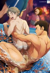 Rule 34 | 2boys, abs, ahoge, anal, ass, blurry, blurry background, bokeh, brown eyes, brown hair, completely nude, depth of field, exhibitionism, fish, goldfish, grey eyes, grey hair, haikyuu!!, highres, idoraad, in water, japanese clothes, looking at another, male penetrated, mole, mole under eye, multiple boys, muscular, muscular male, nude, public indecency, saliva, sawamura daichi, sex, sex from behind, splashing, sugawara koushi, toned, toned male, tongue, tongue out, torso grab, wading pool, yaoi