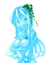 Rule 34 | 1girl, blue eyes, blue hair, breasts, female focus, hair ornament, long hair, matching hair/eyes, mogura (susutake), mogura susutake, monster girl, original, plant, roots, simple background, slime girl, smile, solo, white background