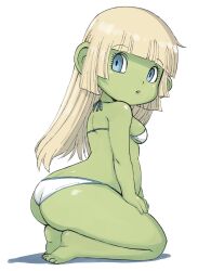 Rule 34 | 1girl, ass, averting eyes, bare arms, bare legs, bare shoulders, barefoot, bikini, blunt bangs, breasts, butt crack, dragon quest, dragon quest x, dwarf, dwarf (dq10), eyelashes, from side, full body, highres, large ears, long hair, muramasa mikado, open mouth, simple background, sitting, small breasts, solo, straight hair, swimsuit, triangle mouth, wariza, white background, white bikini