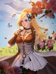 Rule 34 | 1girl, blonde hair, blurry, blurry background, blurry foreground, braid, breasts, bug, butterfly, chaosringen, day, earrings, elezen, elf, final fantasy, final fantasy xiv, fingerless gloves, flower, gloves, hair ornament, highres, insect, jacket, jewelry, lips, long hair, looking at viewer, medium breasts, mole, mole under eye, open clothes, open jacket, outdoors, pointy ears, second-party source, sleeveless, solo, warrior of light (ff14), yellow eyes
