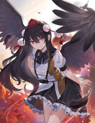 Rule 34 | 1girl, backlighting, black bow, black bowtie, black hair, black skirt, black wings, bow, bowtie, breasts, camera, closed mouth, commentary request, cowboy shot, falken (yutozin), feathered wings, feathers, frilled skirt, frills, gradient hair, gradient wings, hat, highres, leaf print, leaning forward, long hair, looking at viewer, medium breasts, miniskirt, multicolored hair, multicolored wings, pom pom (clothes), puffy short sleeves, puffy sleeves, red eyes, red hair, red hat, revision, shameimaru aya, shirt, short sleeves, skirt, smile, solo, tassel, tokin hat, touhou, very long hair, white shirt, wings