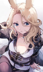 Rule 34 | 1girl, \||/, animal ears, bad id, bad pixiv id, belt, blonde hair, blue eyes, breasts, breasts apart, closed mouth, collarbone, collared jacket, commentary, commission, cowboy shot, eyelashes, final fantasy, final fantasy xiv, forehead, hand up, highres, jacket, jewelry, long hair, long sleeves, looking at viewer, looking away, medium breasts, necklace, open clothes, open jacket, parted bangs, rabbit ears, red legwear, shadow, sitting, skeb commission, skirt, solo, thighs, viera, vivi (eve no hakoniwa), warrior of light (ff14)