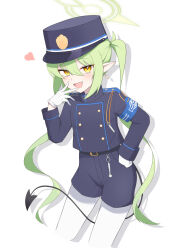 Rule 34 | 1girl, :d, armband, black hat, black shorts, blue archive, blue armband, demon tail, fang, gloves, green hair, green halo, hair between eyes, halo, hat, highres, long hair, long sleeves, looking at viewer, nozomi (blue archive), open mouth, pointy ears, shi ono shio, shorts, simple background, skin fang, smile, solo, tail, twintails, very long hair, white background, white gloves, yellow eyes