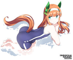 Rule 34 | 1girl, animal ears, aqua eyes, blue one-piece swimsuit, blue school swimsuit, character name, ear covers, green eyes, hime cut, horse ears, horse girl, horse tail, kneeling, looking at viewer, nontraditional school swimsuit, one-piece swimsuit, orange hair, partially submerged, school swimsuit, shigino sohuzi, silence suzuka (umamusume), solo, swimsuit, tail, tracen swimsuit, umamusume, water