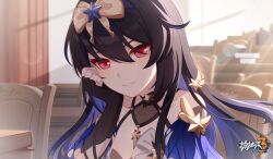 Rule 34 | 1girl, arm support, black gloves, black hair, blue hair, chair, chinese commentary, collarbone, day, fingerless gloves, gloves, hair between eyes, highres, honkai (series), honkai impact 3rd, indoors, jewelry, logo, long hair, looking at viewer, necklace, official alternate costume, official art, official wallpaper, red eyes, ribbon, seele (alter ego), seele vollerei, seele vollerei (starchasm nyx), sitting, smile, solo, upper body, yellow ribbon