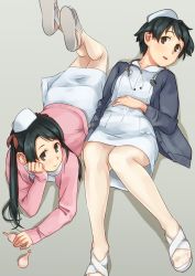 Rule 34 | 2girls, alternate costume, black cardigan, black eyes, black hair, bulb syringe, cardigan, grey background, hand on own face, hand on own stomach, hat, kantai collection, long hair, looking at viewer, lying, makio (makiomeigenbot), mikuma (kancolle), mogami (kancolle), multiple girls, nurse, nurse cap, on back, on stomach, pantyhose, pink cardigan, sandals, short hair, simple background, stethoscope, swept bangs, twintails, white legwear
