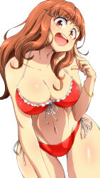 Rule 34 | 1girl, aono3, bikini, blunt bangs, bracelet, breasts, cleavage, commentary, cowboy shot, finger to cheek, frilled bikini, frills, front-tie bikini top, front-tie top, girls und panzer, groin, halterneck, head tilt, highres, jewelry, large breasts, long hair, looking at viewer, navel, open mouth, orange eyes, orange hair, red bikini, side-tie bikini bottom, simple background, smile, solo, standing, swimsuit, takebe saori, white background