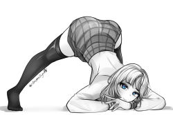 Rule 34 | 1girl, ass, blue eyes, greyscale, highres, hololive, hololive english, jack-o&#039; challenge, legs, long sleeves, looking at viewer, lynn, monochrome, short hair, skirt, smile, solo, thighhighs, thighs, top-down bottom-up, virtual youtuber, watson amelia, white background