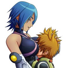 Rule 34 | 1boy, 1girl, aqua (kingdom hearts), bare shoulders, blonde hair, blue hair, breasts, detached sleeves, face to breasts, fingernails, hand on another&#039;s head, height difference, hetero, highres, kingdom hearts, kingdom hearts birth by sleep, large breasts, parted lips, ravenravenraven, short hair, simple background, smile, square enix, teeth, ventus (kingdom hearts), white background