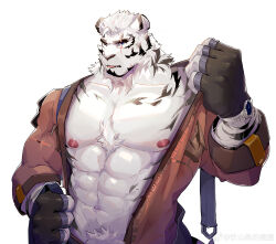 Rule 34 | 1boy, abs, absurdres, animal ears, arknights, artist request, bara, bare pectorals, chest tuft, facial hair, furry, furry male, goatee, highres, large hands, large pectorals, looking ahead, male focus, male pubic hair, mountain (arknights), muscular, muscular male, nipples, one eye closed, pectorals, pubic hair, scar, scar across eye, scar on arm, short hair, solo, stomach, thick eyebrows, tiger boy, tiger ears, tongue, tongue out, undressing, white hair