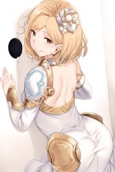 Rule 34 | 1girl, :q, after fellatio, against wall, ass, blonde hair, blush, breasts, brown eyes, choker, closed mouth, collarbone, cum, detached sleeves, djeeta (granblue fantasy), dress, from behind, glory hole, gokkun, granblue fantasy, hair ornament, head tilt, hews, kneeling, long sleeves, looking at viewer, looking back, medium breasts, naughty face, seductive smile, smile, solo, stray pubic hair, tongue, tongue out, white background, white dress