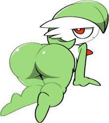 Rule 34 | 1girl, all fours, ass, bob cut, closed mouth, colored skin, creatures (company), female focus, from behind, full body, game freak, gardevoir, gen 3 pokemon, green hair, green skin, half-closed eyes, huge ass, jaggy lines, looking back, multicolored skin, nintendo, pokemon, pokemon (creature), red eyes, short hair, simple background, solo, two-tone skin, vilepluff, white background, white skin
