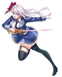 Rule 34 | 1girl, absurdres, belt, black necktie, blue eyes, blue jacket, bow, breasts, earrings, excalibur academy uniform, floating hair, hair bow, high-waist skirt, high heels, highres, holding, holding sword, holding weapon, jacket, jewelry, keigen hichou, large breasts, long hair, looking at viewer, necktie, rapier, red bow, riselia ray crystalia, seiken gakuin no maken tsukai, skirt, sword, thighhighs, weapon, white belt, white hair, wing collar