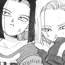 Rule 34 | 10s, 1boy, 1girl, android 17, android 18, bare shoulders, black hair, brother and sister, commentary request, dirty, dirty face, dragon ball, dragon ball super, dragonball z, expressionless, greyscale, highres, looking away, looking down, monochrome, open mouth, short hair, siblings, tkgsize