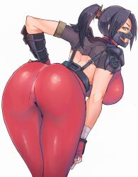 Rule 34 | 1girl, armor, ass, black hair, bodysuit, breasts, brown eyes, closed mouth, fingerless gloves, gloves, highres, large breasts, long hair, looking at viewer, madsensei, ninja, ponytail, shoulder armor, simple background, skin tight, solo, soul calibur, taki (soulcalibur), white background