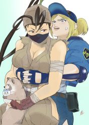 Rule 34 | 2girls, blonde hair, blue eyes, breasts, capcom, commentary request, don (street fighter), elbow pads, fingerless gloves, gloves, highres, hiroshi mono, ibuki (street fighter), lucia morgan, medium breasts, multiple girls, ninja, police, police uniform, short hair, street fighter, street fighter v, uniform