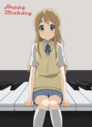 Rule 34 | 1girl, blonde hair, blue eyes, happy birthday, hat, k-on!, kotobuki tsumugi, long hair, piano keys, school uniform, shizupu, simple background, sitting, solo, sun hat