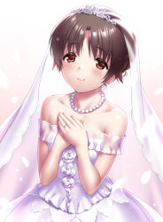 Rule 34 | 1boy, alternate costume, bare shoulders, blush, bridal veil, brown eyes, brown hair, closed mouth, collarbone, colored eyelashes, commentary, commission, dress, dress flower, english commentary, flower, hands up, jewelry, little busters!, looking at viewer, naoe riki, necklace, off-shoulder dress, off shoulder, own hands together, pearl necklace, pink background, ring, rose, second-party source, short hair, simple background, skeb commission, smile, solo, strapless, strapless dress, trap, upper body, veil, wedding dress, wedding ring, white dress, white flower, white rose, zen (kamuro)