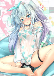Rule 34 | 1girl, alcohol, aqua eyes, bare legs, bare shoulders, barefoot, black choker, blush, bottle, breasts, choker, collarbone, controller, cushion, drunk, ebiko yaki, game controller, girls&#039; frontline, graffiti, heart, heart print, highres, long hair, medium breasts, no pants, official alternate costume, pa-15 (girls&#039; frontline), pa-15 (marvelous yam pastry) (girls&#039; frontline), parted lips, print shirt, shirt, sidelocks, silver hair, sitting, smile, solo, spread legs, thigh strap, tile wall, tiles, two side up, very long hair