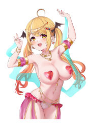 Rule 34 | 1girl, absurdres, ahoge, ar-khey, arms up, belly dancing, blonde hair, bracelet, breasts, commission, dancer, earrings, hair ornament, heart pasties, highres, hololive, jewelry, large breasts, long hair, looking at viewer, necklace, open mouth, panties, pasties, simple background, smile, solo, twintails, underwear, virtual youtuber, white background, white panties, yellow eyes, yozora mel