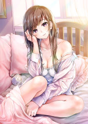 Rule 34 | 1girl, alarm clock, bare legs, bare shoulders, blanket, blush, breasts, brown hair, camisole, cleavage, clock, collarbone, commentary request, curtains, day, head tilt, indoors, jacket, long hair, long sleeves, looking at viewer, medium breasts, off shoulder, on bed, open clothes, open jacket, original, pillow, pink jacket, purple eyes, revision, shirt, sidelocks, sitting, smile, solo, strap slip, sunlight, thighs, tokeshi, white shirt, window