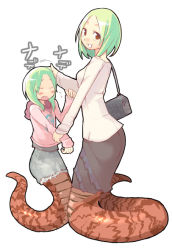 Rule 34 | 2girls, age difference, bag, blush, blush stickers, casual, child, closed eyes, embarrassed, family, fang, green hair, handbag, headpat, holding hands, hood, hoodie, lamia, looking back, monster girl, mother and daughter, multiple girls, nanashin, pencil skirt, red eyes, scales, short hair, simple background, skirt, smile, sweatdrop