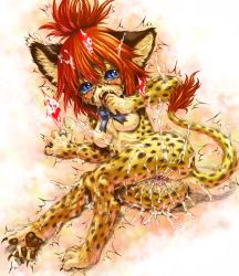 Rule 34 | 1girl, animal ears, animal hands, ass, barefoot, blue eyes, blush, breasts, cheetah, claws, cum, facial, fangs, feet, furry, furry female, jewelry, katzeh, looking at viewer, nipples, nude, open mouth, pawpads, pussy, red hair, ribbon, ribs, ring, slit pupils, soles, solo, tail, tears, toe scrunch, toes, tongue, trembling