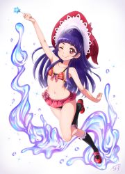 Rule 34 | 1girl, ;), arm up, bikini, chocokin, hat, izayoi liko, kneehighs, long hair, looking at viewer, mahou girls precure!, navel, one eye closed, precure, purple hair, red eyes, signature, smile, socks, solo, swimsuit, wand, witch hat