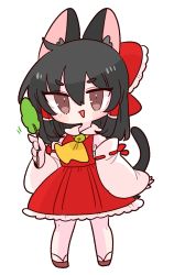 Rule 34 | 1girl, :3, animal ears, ascot, black hair, blush, bow, brown eyes, cat ears, cat girl, cat tail, collared dress, collared shirt, commentary, detached sleeves, dress, frilled dress, frilled shirt collar, frilled skirt, frilled sleeves, frills, full body, hair between eyes, hair bow, hair tubes, hakurei reimu, highres, holding, japanese clothes, knees, legs, long sleeves, looking at viewer, miko, op na yarou, open mouth, red ribbon, red shirt, red skirt, ribbon, ribbon trim, sandals, sarashi, shirt, simple background, skirt, sleeveless, sleeveless dress, smile, solo, standing, tachi-e, tail, touhou, v-shaped eyebrows, white background, yellow ascot, zouri