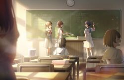 Rule 34 | 6+girls, analog clock, black eyes, black hair, blue hair, blue ribbon, blurry, blurry foreground, board eraser, bob cut, brown hair, chair, chalkboard, classroom, cleaning, clock, closed mouth, dark blue hair, depth of field, desk, dress, game cg, giving, hair ribbon, half updo, hasu no sora school uniform, highres, holding, holding notebook, indoors, link! like! love live!, long hair, looking at another, love live!, low twintails, math, medium dress, multiple girls, murano sayaka, neckerchief, notebook, official art, open mouth, pleated dress, ponytail, red neckerchief, ribbon, sailor collar, sailor dress, school chair, school desk, school uniform, short hair, short sleeves, sidelocks, socks, standing, summer uniform, third-party source, twintails, virtual youtuber, wall clock, white dress, white sailor collar, white socks, window shadow