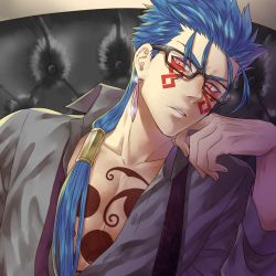 Rule 34 | 1boy, afglo, angry, beads, bespectacled, blue hair, bodypaint, close-up, closed mouth, collared shirt, cu chulainn (fate), cu chulainn (fate) (all), cu chulainn (fate/stay night), cu chulainn alter (fate), cu chulainn alter (fate/grand order), dark persona, earrings, facepaint, fate/grand order, fate (series), formal, glasses, hair beads, hair ornament, head rest, jewelry, lancer, long hair, long sleeves, looking at viewer, male focus, necktie, open clothes, open shirt, ponytail, red eyes, shirt, solo, spiked hair, type-moon, undone necktie