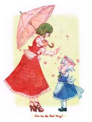 Rule 34 | 2girls, aged down, apron, arms up, ascot, blue dress, child, colored pencil (medium), dress, english text, female focus, flower, flower wreath, green hair, hair over eyes, hands on own head, head wreath, high heels, izayoi sakuya, juliet sleeves, kazami yuuka, long sleeves, lyrics, maid, maid apron, multiple girls, open clothes, open shoes, open vest, outstretched arm, outstretched hand, parasol, platform footwear, puffy sleeves, sandals, shirt, shoes, short sleeves, silver hair, skirt, skirt set, terrajin, touhou, traditional media, umbrella, vest, waist apron
