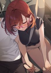 Rule 34 | 1boy, 1girl, 92m, absurdres, black shirt, blush, breasts, brother and sister, brown pants, car interior, closed mouth, commentary request, fingernails, highres, holding hands, kinshi no ane (92m), large breasts, nail polish, one eye closed, original, pants, pink-framed eyewear, pink eyes, red hair, red nails, shirt, short hair, short sleeves, siblings, sleeping, t-shirt, white shirt, zzz